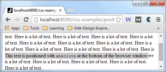 A div element with position:absolute inside a page with more text, scrolling inside the browser