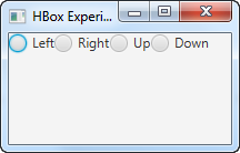 Four JavaFX RadioButton instances in a ToggleGroup displayed in the scene graph